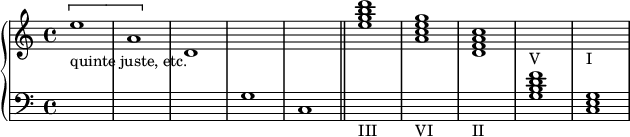 
\version "2.14.2"
\header {
  tagline = ##f
}
upper = \relative c'' {
  \clef treble 
  \key c \major
  \time 4/4
  %\autoBeamOff
  
  \[ e1-"quinte juste, etc." a, \] d, s1*2 \bar "||" 
  \chordmode { e'1:m7 a:m7 d:m7 } s1-"V" s1-"I"

}

lower = \relative c' {
  \clef bass
  \key c \major
  \time 4/4
    
   s1*3 g1 c,
   s1-"III" s1-"VI" s1-"II"  \chordmode { g,1:7 c, }
   
} 

\score {
  \new PianoStaff <<
    \set PianoStaff.instrumentName = #""
    \new Staff = "upper" \upper
    \new Staff = "lower" \lower
  >>
  \layout {
    \context {
      \Score
      \remove "Metronome_mark_engraver"
      \remove "Bar_number_engraver"
    }
  }
  \midi { }
}
