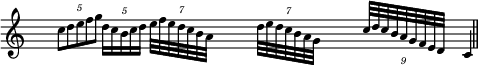 
\score {
  \relative c''
    {
\override Staff.TimeSignature #'transparent = ##t
\override Staff.TimeSignature  #'font-size = #-3
\clef G
\time 4/4
\key c \major
\cadenzaOn
\autoBeamOff
\override TupletBracket #'bracket-visibility = ##f
\tupletUp
\times 4/5 {c8[ d e f g]} s8 \times 4/5 {d16[ c b c d]} s8
\times 4/7 {e32[ f e d c b a]} s8 \times 4/7 {d32[ e d c b a g]} s8
\tupletDown \times 8/9 {c32[ d c b a g f e d]} s8 c4 s2 \bar "||"
    }
\layout{
  indent = 0\cm
  line-width = #120
  \set fontSize = #-2
  \override Score.BarNumber #'break-visibility = #'#(#f #f #f)
} %layout
\midi { }
} %score
\header { tagline = ##f}
