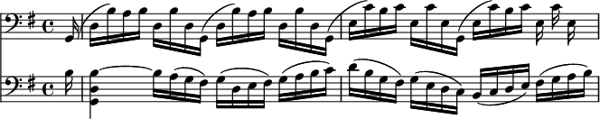 <<  \new Staff \relative g, {    \clef bass    \key g \major    \repeat unfold 2 { g16( d' b') a b d, b' d, } |    \repeat unfold 2 { g,16( e' c') b c e, c' e, } |  }  \new Staff \relative b {    \clef bass    \key g \major    \partial 16 b16 |    <g, d' b'~>4 b'16 a( g fis) g( d e fis) g( a b c) |    d16( b g fis) g( e d c) b(c d e) fis( g a b) |  }>>