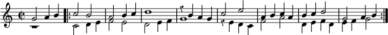 { \override Score.Rest #'style = #'classical \time 2/2 << \relative g' { g2 a4 b } \\ { r1 } >> \repeat volta 2 << \relative c'' { c2 b | a b4 c d1 | r4 b a g | c2 e | a,4 b c a | b c d2 | g,2 a4 b } \\ \relative c' { c2 d4 e | f2 e | d e4 f | g1 | r4 e d c | f2 a | d,4 e f d | e f g2 } >> }