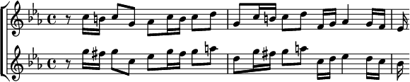  \new ChoirStaff <<
  \new Staff \relative c'' { \key c \minor \time 4/4
    r8 c16 b c8 g aes c16 b c8 d |
    g,8 c16 b c8 d f,16 g aes4 g16 f | ees }
  \new Staff \relative g'' { \key c \minor
    r8 g16 fis g8 c, ees g16 fis g8 a |
    d, g16 fis g8 a c,16 d ees4 d16 c | bes } >> 