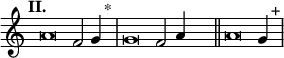 
\language "français" % pour avoir du sol, la etc...
\relative {  \key do \major \tempo "II."   
            \set Score.tempoHideNote = ##t \tempo 4 = 200 \cadenzaOn % rythme pour le midi, retrait des barre auto
            \override Score.TimeSignature.stencil = ##f %Enlève la clef de Do
            \override Score.SpacingSpanner.common-shortest-duration = #(ly:make-moment 1 2) %Espace entre les notes 1/2 c’est bien.
la'\breve fa2 sol4 s2^"*"\bar "|" 
sol\breve fa2 la4  s2\bar "||"
la\breve sol4  s2^"+"\bar "|"
\cadenzaOff }
