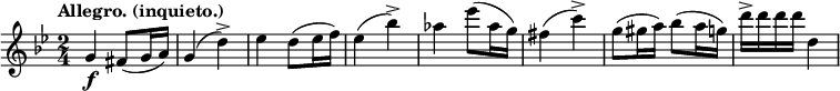 
\relative c'' {
 \key g \minor \time 2/4 \set Score.tempoHideNote = ##t \tempo "Allegro. (inquieto.)" 4=120
 g4\f fis8( g16 a) g4( d'-> ) es d8( es16 f) es4( bes'-> ) aes es'8( aes,16 g) fis4( c'-> ) g8( gis16 a) bes8( a16 g) d'-> d d d d,4
}
