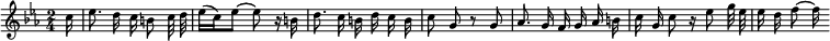 
  \new Staff \with { midiInstrument = "violin" \magnifyStaff #5/7 }
  \relative c'' { 
    \set Score.tempoHideNote = ##t
    \key c \minor
    \time 2/4
    \tempo 8 = 108
     \autoBeamOff \partial 16 c16 es8. d16 c b8 c32 d \autoBeamOn es16 (\autoBeamOff c) es8 ~ es r16 b d8. c16 b d c b c8 g r g as8. g16 f g as b c g c8 r16 es8 g32 es es16 d f8 ~ f16
  }
  \layout {
    \context {
      \Score
      \override SpacingSpanner.base-shortest-duration = #(ly:make-moment 1/32)
    }
  }
