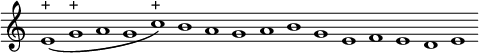 
\language "italiano"
\relative do' {
  \override Staff.TimeSignature #'stencil = ##f
  \cadenzaOn
  \clef treble
  \phrasingSlurDown
  mi1\(^\markup{+} sol^\markup{+} la sol do\)^\markup{+} si la sol la si sol mi fa mi re mi
}
\header { tagline = ##f}
\paper {
  indent = 0
  line-width = #120
}
