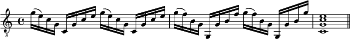 
\relative c'' {
  \clef "treble_8"
  g16( e) c g c, g' c e g( e) c g c, g' c e
  g( f) b, g g, g' b f' g( f) b, g g, g' b g'
  <c,, g' c e>1
  \bar "||"
}
