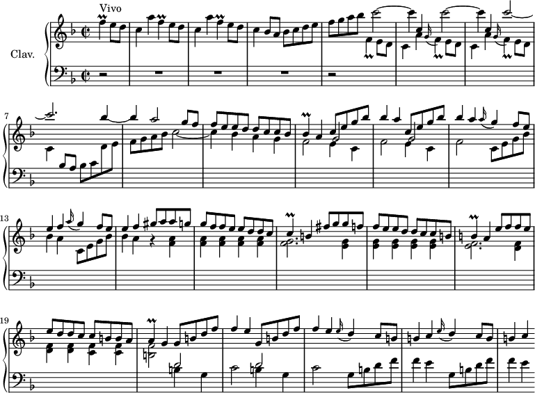 
\version "2.18.2"
\header {
  tagline = ##f
  % composer = "Domenico Scarlatti"
  % opus = "K. 205"
  % meter = "Vivo"
}

%% les petites notes
trillF       = { \tag #'print { f4\prall } \tag #'midi { g32 f g f~ f8 } }
trillFd      = { \tag #'print { f4_\prall } \tag #'midi { g32 f g f~ f8 } }
trillBes     = { \tag #'print { bes4\prall } \tag #'midi { c32 bes c bes~ bes8 } }
trillC       = { \tag #'print { c4\prall } \tag #'midi { d32 c d c~ c8 } }
trillB       = { \tag #'print { b4\prall } \tag #'midi { c32 b c b~ b8 } }
trillA       = { \tag #'print { a4\prall } \tag #'midi { b32 a b a~ a8 } }

upper = \relative c'' {
  \clef treble 
  \key f \major
  \time 2/2
  \tempo 2 = 72
  \set Staff.midiInstrument = #"harpsichord"
  \override TupletBracket.bracket-visibility = ##f

      \partial 2
      s8*0^\markup{Vivo}
      \trillF e8 d | \repeat unfold 2 { c4 a' \trillF e8 d } | c4 bes8 a bes c d e |
      % ms. 4
      f8 g a bes \repeat unfold 2 { \stemDown c2~ | c4 \stemUp c, } c'2~ | c2. \stemNeutral bes4~ |
      % ms. 8
      bes4 \stemUp a2 g8 f | f e e d d c c bes | \trillBes a4  \repeat unfold 2 { c8 e g bes | bes4 a } \repeat unfold 2 { \appoggiatura a16 g4 f8 e |
      % ms. 13
      e4 f } gis8 a a g | g f f e e d d c |
      % ms. 16
      \trillC b4 fis'8 g g f | f e e d d c c b | \trillB a4 e'8 f f e | e d d c c b b a | 
      % ms. 20
      \trillA g4 \repeat unfold 2 { g8 b d f | f4 e } \repeat unfold 2 { \appoggiatura e16 d4 c8 b | b4 c }

}

lower = \relative c' {
  \clef bass
  \key f \major
  \time 2/2
  \set Staff.midiInstrument = #"harpsichord"
  \override TupletBracket.bracket-visibility = ##f

    % ************************************** \appoggiatura a16  \repeat unfold 2 {  } \times 2/3 { }   \omit TupletNumber 
      r2 | R1*3 | r2 \stemDown \change Staff = "upper" \trillFd e8 d | \repeat unfold 2 { c4 a' \appoggiatura g16 \trillFd e8 d } | c4 \stemUp \change Staff = "lower"  bes8 a \stemDown bes c \change Staff = "upper"  d e | 
      % ms. 8
      f8 g a bes c2_~ | c4 bes a g | << { \repeat unfold 2 { \stemDown f2 \stemUp \shiftOn g2 } \stemDown f } \\ { \repeat unfold 2 { s2 e4 c } } >> 
      % ms. 12 suite
      \repeat unfold 2 { c8 e g bes | bes4 a } r4 < f a >4 | q q q q |
      % ms. 16
      < f g >2. < e g >4 | q q q q | < e f >2. < d f >4 | q q < c f >4 q |
      % ms. 20
      < b f' >2 \stemNeutral \change Staff = "lower"  \repeat unfold 2 { << { d2 | s2 } \\ { b4 g | c2 } >> } \repeat unfold 2 { g8 b d f | f4 e }

}

thePianoStaff = \new PianoStaff <<
    \set PianoStaff.instrumentName = #"Clav."
    \new Staff = "upper" \upper
    \new Staff = "lower" \lower
  >>

\score {
  \keepWithTag #'print \thePianoStaff
  \layout {
      #(layout-set-staff-size 17)
    \context {
      \Score
     \override SpacingSpanner.common-shortest-duration = #(ly:make-moment 1/2)
      \remove "Metronome_mark_engraver"
    }
  }
}

\score {
  \keepWithTag #'midi \thePianoStaff
  \midi { }
}
