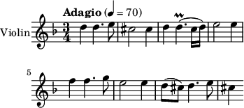 \new Staff \with { instrumentName = #"Violin"} \relative c'' {\key d \minor \time 3/4 \set Staff.midiInstrument=#"violin" \tempo "Adagio" 4 = 70 d4 d4. e8 | cis2 cis4 | d4 d4. \prall ( c16 d) | e2 e4 | f4 f4. g8 | e2 e4 | d8 ( cis) d4. e8 | cis4}
