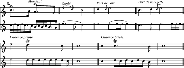 { \override Score.TimeSignature #'stencil = ##f \tempo "3." << \cadenzaOn \relative c'' { c8.[\prall b16]^\markup { \smaller \italic Mordant. } a8.[\prall g16] \bar "||"
 \afterGrace e'2(^\markup { \smaller \italic Coulé } d8) c2 \bar "||"
 d4^\markup { \smaller \italic "Port de voix." } \grace d8 e2 \bar "||"
 c4.^\markup { \smaller \italic "Port de voix jetté." } d4*1/2 \grace d8^( e2) \bar "||" 
 e2^\markup { \smaller \italic "Cadence pleine." } d4.\trill c8 \bar "|" c1 \bar "||" 
 c4^\markup { \smaller \italic "Cadence brisée." } c4.\trill b8 \bar "|" c1 \bar "||" }
\new Staff { \relative c'' { c32[ d c d c16. b32] a32[ b a b a16. g32] 
 e'4.( d8 c2) 
 d4 d8([ e16 d] e4)
 c4. d8 d4. e16*2/3[ d e] 
 e2 d16[ e d e d e d] c c1 
 c4 d16[ c d c d c] b8 c1 } } >> }