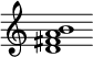 {
  % Rivin lopun pystyviiva ja tahtiosoitus piiloon.
  \override Score.BarLine.break-visibility = ##(#f #t #t)
  \override Staff.TimeSignature #'stencil = ##f
  
  <d' fis' a' b'>1
}
