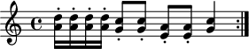 \n\\header { tagline = ##f }\ntheme = {\n  \\relative c'' {\n    \\key c \\major\n    \\time 4/4\n    \\tempo 2 = 60\n    \\set Staff.midiInstrument = #"xylophone"\n    \\repeat volta 2\n     { <a d>16-. <a d>16-. <a d>16-. <a d>16-. <g c>8-. <g c>8-. <e a>8-. <e a>8-. <g c>4 }\n  }\n}\n\\score {\n  \\theme\n  \\layout {\n    \\context {\n      \\Score\n      \\remove "Metronome_mark_engraver"\n    }\n  }\n}\n\\score { % MIDI\n  \\unfoldRepeats\n  \\theme\n  \\midi {}\n}\n