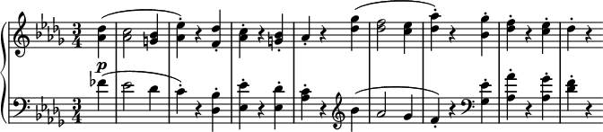 
\new PianoStaff <<
  \new Staff = "right" \with {
    midiInstrument = "acoustic grand"
  } \relative c'' { \set Score.tempoHideNote = ##t \tempo 4 = 180
    \key des \major
    \numericTimeSignature
    \time 3/4
    \partial 4
    \tempo "Allegretto"
    <aes des>4(\p
    <aes c>2 <g bes>4
    <aes ees'>)-. r <f des'>-.
    <aes c>-. r <g bes>-.
    aes-. r <des ges>(
    <des f>2 <c ees>4
    <des aes'>)-. r <bes ges'>-.
    <des f>-. r <c ees>-.
    des-. r
  }
  \new Staff = "left" \with {
    midiInstrument = "acoustic grand"
  } {
    \clef bass \relative c' {
      \key des \major
      \numericTimeSignature
      \time 3/4
      \partial 4
      \tempo "Allegretto."
      fes4(
      ees2 des4
      c)-. r <des, bes'>-.
      <ees ees'>-. r <ees des'>-.
      <aes c>-.r \clef treble bes'(
      aes2 ges4
      f)-. r \clef bass <ges, ees'>-.
      <aes aes'>-. r <aes ges'>-.
      <des f>-. r
    }
  }
>>
\midi { }
