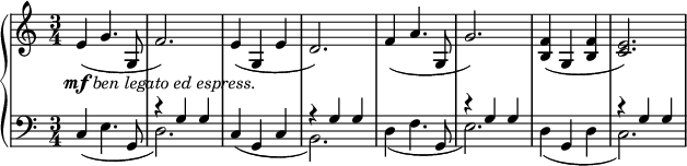 
 \relative c' {
 \new PianoStaff <<
 \new Staff { \key c \major \time 3/4 
\relative c' {e4(_\markup {\center-align \dynamic mf \italic {ben legato ed espress.}} g4. g,8 f'2.) e4( g, e' d2.) f4( a4. g,8 g'2.) <f b,>4( g, <b f'> <e c>2.) }
 }
 \new Staff { \key c \major \time 3/4 \clef bass
\relative c {
<<
{s2. r4 g'4 g s2. r4 g g s2. r4 g g s2. r4 g g}
\\
{\stemNeutral c,4( e4. g,8 d'2.) c4( g c \once \stemDown b2.) d4( f4. g,8 e'2.) d4( g, d' \once \stemDown c2.)}
>>
 }}
 >>
 }
