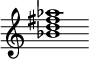 {
  % Rivin lopun pystyviiva ja tahtiosoitus piiloon.
  \override Score.BarLine.break-visibility = ##(#f #t #t)
  \override Staff.TimeSignature #'stencil = ##f
  
  <bes' d'' fis'' aes''>1
}
