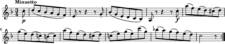 
  \relative c' {
  \version "2.18.2"
  \tempo "Minuetto"
  \key f \major
  \time 3/4
  \partial 8 c'8-.\p d (c bes a g f) 
  e r8 r4 r8 g-.
  bes (g e d c bes) 
  a r8 r4 r8 c'8-.\f
  a' (f) e (d) cis (d)
  g (e) d (c!) b (c)
  a' (f) e (d) cis (d)
  c! (e) g (e) c' (g)
  bes! (a) g (f) e (d)
  c2 r8 \bar ":|."
}
