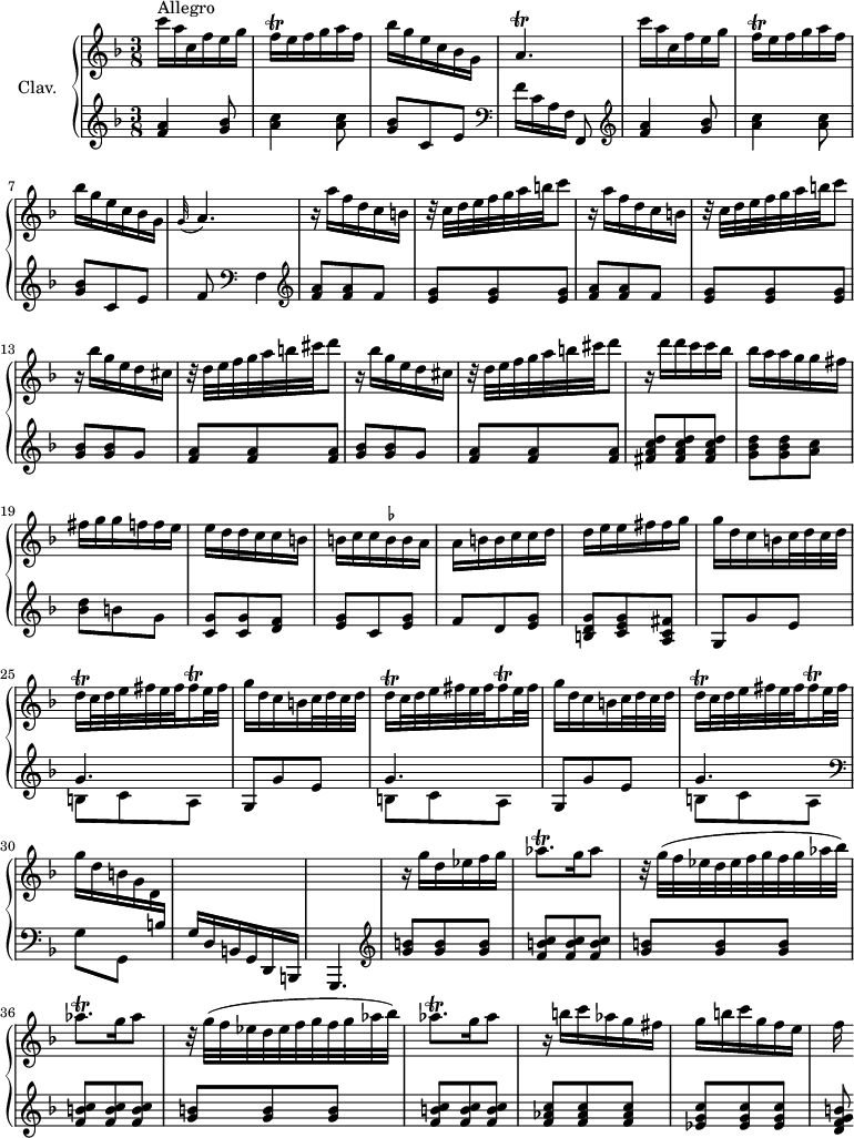 
\version "2.18.2"
\header {
 tagline = ##f
 % composer = "Domenico Scarlatti"
 % opus = "K. 107"
 % meter = "Allegro"
}

%% les petites notes
trillAesqp = { \tag #'print { aes8.\trill } \tag #'midi { bes32 aes bes aes~ aes16 } }
trillDqq = { \tag #'print { d16\trill } \tag #'midi { \times 2/3 { d32 e d } } }
trillFisqq = { \tag #'print { fis16\trill } \tag #'midi { \times 2/3 { fis32 g fis } } }
trillFqq = { \tag #'print { f16\trill } \tag #'midi { \times 2/3 { f32 g f } } }
trillAp = { \tag #'print { a4.\trill } \tag #'midi { bes32 a bes a~ a4 } }
ficta = { \once \set suggestAccidentals = ##t }

upper = \relative c'' {
 \clef treble 
 \key f \major
 \time 3/8
 \tempo 4. = 62
 \set Staff.midiInstrument = #"harpsichord"
 \override TupletBracket.bracket-visibility = ##f

 s8*0^\markup{Allegro}
 c'16 a c, f e g | \trillFqq e16 f g a f | bes g e c bes g | \trillAp | c'16 a c, f e g |
 % ms. 6
 \trillFqq e16 f g a f | bes g e c bes g | \appoggiatura g32 a4. | \repeat unfold 2 { r16 a' f d c b | r32 c32 d e f g a b c8 } |
 % ms. 13
 \repeat unfold 2 { r16 bes16 g e d cis | r32 d e f g a b cis d8 }
 % ms. 17
 r16 d16 d c c bes | bes a a g g fis | fis g g f f e | e d d c c b | b c c \ficta bes bes a | a b b c c d |
 % ms. 23
 d16 e e fis fis g | \repeat unfold 3 { g d c b c32 d c d | \trillDqq c32 d e fis e fis \trillFisqq e32 fis } |
 % ms. 30
 g16 d b g d \stemUp \change Staff = "lower" b | s4. s4. \stemNeutral \change Staff = "upper" 
 % ms. 33
 r16 g''16 d ees f g | \trillAesqp g16 aes8 | \repeat unfold 2 { r32 g32( f ees d ees f g f g aes bes) | \trillAesqp g16 aes8 } |
 % ms. 39
 r16 b16 c aes g fis | g b c g f e | f

}

lower = \relative c' {
 \clef bass
 \key f \major
 \time 3/8
 \set Staff.midiInstrument = #"harpsichord"
 \override TupletBracket.bracket-visibility = ##f

 % ************************************** \appoggiatura a16 \repeat unfold 2 { } \times 2/3 { } \omit TupletNumber 
 \clef treble < f a >4 < g bes >8 | < a c >4 q8 | < g bes >8 c, e | \clef bass f16[ c a f] \tempo 4. = 30 f,8 | \tempo 4. = 62 \clef treble < f'' a >4 < g bes >8 |
 % ms. 6
 < a c >4 q8 | < g bes >8 c, e | f8 \clef bass \tempo 4. = 50 f,4 | \tempo 4. = 62 \clef treble \repeat unfold 2 { < f' a >8 q f | < e g >8 q q } |
 % ms. 13
 \repeat unfold 2 { < g bes >8 q g | < f a > q q } |
 % ms. 17
 < fis a c d >8-\tweak stencil ##f \p q q | < g bes d >8 q < a c >-\tweak stencil ##f \f | < bes d > b g | < c, g' > q < d f > | < e g > c < e g > | f d < e g > | 
 % ms. 23
 < b d g >8 < c e g > < a c fis > | \repeat unfold 3 { g g' e | << { g4. } \\ { b,8 c a } >> } \clef bass \stemDown
 % ms. 30
 g8 g, s8 | \stemNeutral g'16 d b g d b | \tempo 4. = 50 g4. \clef treble \tempo 4. = 62
 % ms. 33
 \repeat unfold 3 { < g''' b >8 q q | < f b c >8 q q } | 
 % ms. 38
 < f aes c >8 q q | < ees g c >8 q q | < d f g b >8*1/2

}

thePianoStaff = \new PianoStaff <<
 \set PianoStaff.instrumentName = #"Clav."
 \new Staff = "upper" \upper
 \new Staff = "lower" \lower
 >>

\score {
 \keepWithTag #'print \thePianoStaff
 \layout {
 #(layout-set-staff-size 17)
 \context {
 \Score
 \override SpacingSpanner.common-shortest-duration = #(ly:make-moment 1/2)
 \remove "Metronome_mark_engraver"
 }
 }
}

\score {
 \keepWithTag #'midi \thePianoStaff
 \midi { }
}
