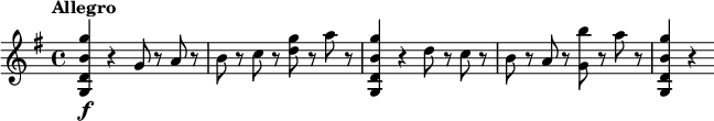 
\relative c''' {
 \tempo "Allegro"
 \key g \major
 <g b, d, g,>4\f r g,8 r a r |
 b8 r c r <d g> r a' r |
 <g b, d, g,>4 r d8 r c r |
 b8 r a r <g b'> r a' r |
 <g b, d, g,>4 r
}
