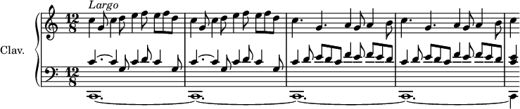 
\version "2.18.2"
\header {
 tagline = ##f
}

upper = \relative c'' {
 \clef treble 
 \key c \major
 \time 12/8
 \tempo 4. = 56
 \set Staff.midiInstrument = #"church organ"
 \override TupletBracket #'stencil = ##f
 \override Score.BarNumber #'stencil = ##f
 \bar " "
 c4^\markup { \column { \italic Largo} } g8 c4 d8 e4 f8 e f d | c4 g8 c4 d8 e4 f8 e f d | c4. g a4 g8 a4 b8 | c4. g a4 g8 a4 b8 | c4

}

lower = \relative c {
 \clef bass
 \key c \major
 \time 12/8
 \set Staff.midiInstrument = #"church organ"
 \override TupletBracket #'stencil = ##f

 << {c'4.~ c4 g8 c4 d8 c4 g8 |c4.~ c4 g8 c4 d8 c4 g8|c4 d8 e d c f4 e8 f e d | c4 d8 e d c f4 e8 f e d |<c e>4}
 \\ {c,,1.~ |c1.~ |c1.~|c1.~|c4} >>
}

thePianoStaff = \new PianoStaff <<
 \set PianoStaff.instrumentName = #"Clav."
 \new Staff = "upper" \upper
 \new Staff = "lower" \lower
 >>

\score {
 \keepWithTag #'print \thePianoStaff
 \layout {
 #(layout-set-staff-size 17)
 \context {
 \Score
 \override SpacingSpanner.common-shortest-duration = #(ly:make-moment 1/2)
 \remove "Metronome_mark_engraver"
 }
 }
}

\score {
 \keepWithTag #'midi \thePianoStaff
 \midi { }
}
