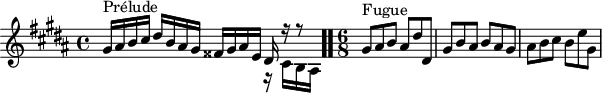 
\version "2.18.2"
\header {
  tagline = ##f
}

\score {

<<
  \relative c'' {
    \key gis \minor
    \time 4/4

     %% INCIPIT CBT II-18, BWV 887, sol-dièse mineur
     << { s8*0^\markup{Prélude} gis16 ais b cis dis b ais gis fisis gis ais e dis r16 r8 } \\ { s2. r16 cis b ais } >>  \bar ".."
 
     \time 6/8
     s8*0^\markup{Fugue} gis'8 ais b ais dis dis, | gis b ais b ais gis ais b cis b e gis,

  }
>>
  \layout {
     \context { \Score \remove "Metronome_mark_engraver" 
     \override SpacingSpanner.common-shortest-duration = #(ly:make-moment 1/2)
 }
       }
  \midi {}
}
