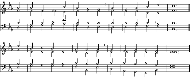 
\transpose d es {
<< <<
\new Staff { \clef treble \time 4/2 \partial 2 \key d \major \set Staff.midiInstrument = "church organ" \omit Staff.TimeSignature \set Score.tempoHideNote = ##t \override Score.BarNumber  #'transparent = ##t
  \relative c'' 
  << { a2 | a d, e b' | a g fis \breathe \bar"||" a | fis a b d | cis1. \bar"||" \break
  d2 | a b a d, | g g fis \breathe \bar"||" fis | e fis g e | d1. \bar"|." } \\
  { e2 | d d d cis | d e d e | d d b b | e1. 
  fis2 | d d d d | d cis d d | d d d cis | d1. } >>
}
\new Staff { \clef bass \key d \major \set Staff.midiInstrument = "church organ" \omit Staff.TimeSignature
  \relative c'
  << { a2 | fis a b e | a, a a a | a a a gis | a1.
  a2 | a g a a | b a a b | b a b g | fis1. } \\
  { cis2 | d fis g g | fis cis d cis | d fis e e | a,1.
  d2 | fis g fis fis | e a, d b | g fis e a | d1. } >>
}
>> >> }
\layout { indent = #0 }
\midi { \tempo 2 = 80 }
