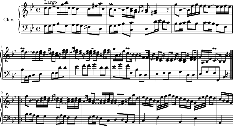 
\version "2.18.2"
\header {
  tagline = ##f
  % composer = "Domenico Scarlatti"
  % opus = "K. deest"
  % meter = "Largo"
}

%% les petites notes
trillCq         = { \tag #'print { c8\prall } \tag #'midi { d64 c d c~ c16 } }
trillEesq       = { \tag #'print { ees8\prall } \tag #'midi { f64 ees f ees~ ees16 } }
trillCqp        = { \tag #'print { c8.\prall } \tag #'midi { d64 c d c~ c8 } }

upper = \relative c'' {
  \clef treble 
  \key g \minor
  \time 4/4
  \tempo 4 = 44
  \set Staff.midiInstrument = #"harpsichord"
  \override TupletBracket.bracket-visibility = ##f

  \repeat volta 2 {
      s8*0^\markup{Largo}
      d8 d~ d16 g bes d, d8 c c16 fis a c, | \trillCq bes8~  bes16 d < a c > < g bes > \grace { g16 a } < g bes >8 < fis a >4 r8 |
      % ms. 3
      g'8 bes,~ bes16 f' g f f8 ees~ ees16 ees f ees | \trillEesq d8~ d16 d < c ees > < bes d > \grace { bes16 c } < bes d >8 < a c > r16 < d f >8 q16 | \grace { d16 ees } < d f >8 < c ees > r16 < c ees >8 q16~ q8 < bes d >8 r16 < d f >8 q16 |
      % ms. 6
      g16 a, bes ees \trillCqp bes16 bes4 r16 f8 f16 | \grace { d16 ees } < d f >8 < c ees > r16 < c ees >8 q16 \grace { d16 ees } < c ees >8 < bes d > r16 < d f >8 q16 | g16 a, bes ees \trillCqp bes16 bes4 r4 }%repet
      % ms. 9
      \bar ":..:" f''8 bes,~ bes16 < bes d > < c ees > < bes d > \grace { bes16 c } < bes d >8 < a c >8~ q16 q < bes d > < a c > | \grace { a16 bes } < a c >8 < g bes >~ q16 q < a c > < g bes > q8 < fis a > r16 d'16 g d | ees d c bes a32 ees' f g f16[ ees] d c bes a g32 d' ees f ees16[ d] |
      % ms. 12
      c16 bes a g
      % ms. 14
      

}

lower = \relative c' {
  \clef bass
  \key g \minor
  \time 4/4
  \set Staff.midiInstrument = #"harpsichord"
  \override TupletBracket.bracket-visibility = ##f

  \repeat volta 2 {
    % ************************************** \appoggiatura a16  \repeat unfold 2 {  } \times 2/3 { }   \omit TupletNumber 
      g8 g16 a bes8 g a a16 g fis8 d | g g16 a bes8 < c, c' > d d'16 ees d8 c |
      % ms. 3
      bes8 bes16 c d8 bes c c16 bes a8 f | bes bes,16 c d8 ees f f d' d | ees4 f8 f g4 d8 d | 
      % ms. 6
      ees g f f, bes4 d,8 d | ees4 f8 f g4 d8 d | ees g f f, bes4 r4 } %répet
      % ms. 9
      bes'8 bes16 a g8 g f a16 g f8 f | f g16 f ees8 c d d bes bes | c4 f bes, ees |
      % ms. 12
      a,4
      % ms. 14
      

}

thePianoStaff = \new PianoStaff <<
    \set PianoStaff.instrumentName = #"Clav."
    \new Staff = "upper" \upper
    \new Staff = "lower" \lower
  >>

\score {
  \keepWithTag #'print \thePianoStaff
  \layout {
      #(layout-set-staff-size 17)
    \context {
      \Score
     \override SpacingSpanner.common-shortest-duration = #(ly:make-moment 1/2)
      \remove "Metronome_mark_engraver"
    }
  }
}

\score {
  \keepWithTag #'midi \thePianoStaff
  \midi { }
}
