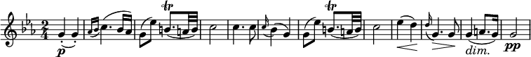 
\relative c'' {
\set Score.tempoHideNote =##t
\tempo 4 = 88
\time 2/4
\key ees \major
g4\p(-. g)-. | \grace { aes16[( bes] } c4.)( bes16 aes) | 
g8( ees') b8.\trill( a32 b) | c2 | c4. c8 |
\grace {c16(} bes4)( g) | g8( ees') b8.\trill( a32 b) | c2 |
ees4\<( d\!) | \grace {d16(} g,4.\>) g8\! | g4\dim( a8. g16\!) | g2\pp |
}
