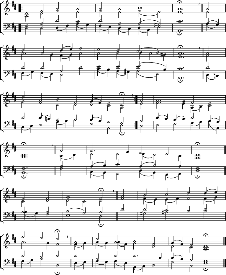 
\new ChoirStaff <<
  \new Staff { \clef treble \time 4/2 \key d \major \set Staff.midiInstrument = "church organ" \omit Staff.TimeSignature \set Score.tempoHideNote = ##t \override Score.BarNumber  #'transparent = ##t
  \relative c'
  << { \bar".|:" d2 fis a a | a a b1 | a1. \fermata \bar"||" \breathe a2 \break
     d a d4( e) fis2 | e d cis( b) | a1. \fermata \bar"||" \breathe a2 \break
     d a b fis | g4( fis) e2 d \fermata \bar":|." \breathe a'2 | a2. g4 fis2 e | \break
     d1. \fermata \bar"||" \breathe a'2 | a2. g4 fis2 e | d1 \fermata \bar"||" \break
     e2 fis | g1 fis2 \fermata \bar"||" \breathe a | b cis d d4( e) \break
     fis2 e d \fermata \bar"||" \breathe a | d a b fis | g4( fis) e2 d1 \fermata \bar"|."    
  } \\
  { a2 d fis e | fis e fis( e) | e1. e2
    a2. g4 fis( g) a2 | a b b4 a2 gis4 | e1. fis2
    g fis d d | d cis a e' | fis2. e4 a,( b) cis2
    b1. cis4( d) | e2 e e4( d2) cis4 | a1
    cis2 d | d cis d fis | fis4( e) e( fis) fis2 fis4( g)
    a2. g4 fis2 fis4( g) | a( g) a( fis) g2 d | d cis a1 } >>
  } 
\new Staff { \clef bass \key d \major \set Staff.midiInstrument = "church organ" \omit Staff.TimeSignature
  \relative c
  << { fis2 a d cis | d a a( gis) | cis1. a4( g)
     d'2 d a d | e e e2.( b4) | cis1. d2
     d d4( c) b2 b | b4( a) g2 fis a | d4( cis) b( cis) d2 a4( g) 
     fis1. a2 | a4( b) cis2 a4( b2) a4 | fis1
     a2 a | b( g) a d | d cis b d
     d2 cis d d | a d d2. b4 | b( a) g2 fis1 } \\
  { d2 d d4( fis) a( g) | fis( e) d( cis) d( b) e2 | a,1. \fermata | a'4( g)
    fis( g) fis( e) d2 d' | cis4( b) a( gis) a2( e) | a,1. \fermata d4( c)
    b( cis) d2 g4( a) b2 | e,2 a, d \fermata cis | d e fis4( g) a( a,)
    b1. \fermata fis'2 | cis4( b) a2 d4( b) g( a) | d1 \fermata
    a'4( g) fis2 | e1 d2 \fermata d' | gis, ais b b
    fis4( g) a2 b, \fermata d4( e) | fis( e) fis( d) g,( a) b2| e a, d1 \fermata } >>
  } 
>>
\layout { indent = #0 }
\midi { \tempo 2 = 60 }
