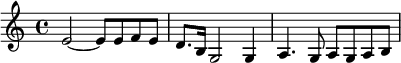 {
\time 4/4
\clef treble
e'2~ e'8 e' f' e' | d'8. b16 g2 g4 | a4. g8 a g a b|
}