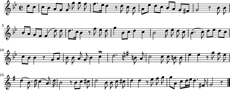 
\relative c'' {
\override Rest #'style = #'classical
  \key g \minor
  \time 2/2
  \partial 4
  \autoBeamOff
  d8[ c]
  c[ bes] a[ g] g g' g f
  f8.[ es16] d4 r8 d c bes
  a[ es'] d[ c] bes[ a] g[ fis]
  g2 r4 bes8 bes

  bes[ a] g[ f] f4( d'8) d
  d8.[ c16] bes4 r8 f' es d
  g4 bes,8[ c] d4 c
  bes2 d8 es d c
  bes4.(c8) d[ es] d[ c]
  c[ bes] bes4 r g8[ a]

  bes bes a g bes4 c\mordent
  d2. \key g \major b!8 a
  c2 c8 c b! b
  e4 e r8 g fis e
  d4( b8.) d16 c4( a8.) d16
  b2 r8 b[ c] cis

  d2 b8 b c cis
  d4 d r8 e fis g
  g8[ a,] c[ d16 e] d4. fis,!8
  g2 r4
  \bar "|."
}
