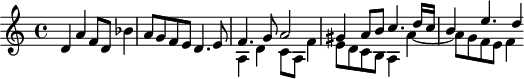 
\version "2.18.2"
\header {
 tagline = ##f
 % composer = "Johann Pachelbel"
 % opus = "Fugue sur le Magnificat ''primi toni'', P.257"
 % meter = ""
}

\score {
<<
 \relative c' {
 % \clef bass
 \key c \major
 \time 4/4
 \override TupletBracket #'bracket-visibility = ##f 

 %s8*0^\markup{Aria}
 d4 a' f8 d bes'4 | a8 g f e d4. e8 |
 << { f4. g8 a2 | gis4 a8 b c4. d16 c | b4 e4. d4*1/2 } 
 \\ { a,4 d c8 a f'4 | e8 d c b a4 a'~ | a8 g f e f4 } >>

 }
>>
 \layout {
 #(layout-set-staff-size 17)
 \context { \Score \remove "Metronome_mark_engraver" 
 \override SpacingSpanner.common-shortest-duration = #(ly:make-moment 1/2)
 }
 }
}
