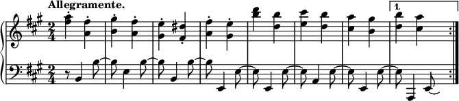 
\relative c''' {
 \new PianoStaff <<
 \new Staff {
 \key a \major \time 2/4 \set Score.tempoHideNote = ##t \tempo "Allegramente." 4=220
 \set Score.alternativeNumberingStyle = #'numbers \repeat volta 1 {
 <a fis>4-. <fis a,>-. <gis b,>-. <fis a,>-. <e gis,>-. <dis fis,>-. <fis a,>-. <e gis,>-.
 <d' b> <b d,> <cis e,> <b d,> <a cis,> <gis b,> }
 \alternative { { <b d,> <a cis,> } } \bar ":|."
 }
 \new Staff { \key a \major \time 2/4 \clef bass \autoBeamOff
 r8 b,,,4 b'8~ b e,4 b'8~ b b,4 b'8~ b e,,4 e'8~
 e e,4 e'8~ e a,4 e'8~ e e,4 e'8~ e a,,4 e'8*1/2~ \hideNotes e
 }
 >>
 }
