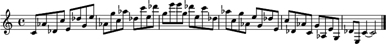 
{

\modalTranspose c c' { c des e g aes } { c8 aes } 
\modalTranspose c des' { c des e g aes } { c aes } 
\modalTranspose c e' { c des e g aes } { c aes } 
\modalTranspose c g' { c des e g aes } { c aes } 
\modalTranspose c aes' { c des e g aes } { c aes } 
\modalTranspose c c'' { c des e g aes } { c aes } 
\modalTranspose c des'' { c des e g aes } { c aes } 
\modalTranspose c e'' { c des e g aes } { c aes } 
\modalTranspose c g'' { c des e g aes } { c aes } 

\modalInversion c e''' { c des e g aes } { c aes } 
\modalInversion c des''' { c des e g aes } { c aes } 
\modalInversion c c''' { c des e g aes } { c aes } 
\modalInversion c aes'' { c des e g aes } { c aes } 
\modalInversion c g'' { c des e g aes } { c aes } 
\modalInversion c e'' { c des e g aes } { c aes } 
\modalInversion c des'' { c des e g aes } { c aes } 
\modalInversion c c'' { c des e g aes } { c aes } 
\modalInversion c aes' { c des e g aes } { c aes } 
\modalInversion c g' { c des e g aes } { c aes } 
\modalInversion c e' { c des e g aes } { c aes } 
\modalInversion c des' { c des e g aes } { c aes } 

c'4~ c'2

\bar "|."
}
