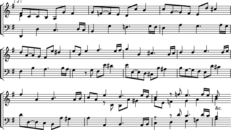 \new ChoirStaff << \override Score.BarNumber #'break-visibility = #'#(#f #f #f) \override Score.TimeSignature #'stencil = ##f \override Score.Rest #'style = #'classical
  \new Staff \relative f' { \key g \major \time 4/4 \mark \markup \tiny { (\italic"d") } <<
    { fis8 c ~ c b a g' fis4 | g8 f ~ f e d c' b4 |
      c8 g ~ g fis e d' cis4 | d8 a ~ a g fis e' dis4 |
      e8 b e4 fis4. e16 fis | g4 b, cis4. b16 cis | d4 d e4. d16 e |
      fis4 a, b4. a16 b | c8 a e'4 d4. e16 d |
      c4 r8 f e4. f16 e | d8 } \\
    { d,4 s2. s1 s s | s s s | s s4 r8 c b a' gis4 |
      a8 e f4 g a | b_"&c." } >> }
  \new Staff \relative d, { \clef bass \key g \major
    d4 d' c4. d16 c | b4 g' f4. g16 f |
    e4 a g4. a16 g | fis4 b a4. b16 a |
    g4 r8 g fis e' dis4 | e8 e, ~ e d cis b' ais4 |
    b8 g ~ g fis e d' cis4 | d8 d, ~ d c b a' gis4 |
    a4 a, b4. a16 b | << { r4 r8 d' c4. d16 c | b4 } \\
                         { c, d e f | g } >> } >>