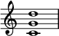 

{
\override Score.TimeSignature #'stencil = ##f
\relative c' { 
  \clef treble \time 4/4 <c g' d'>1
} }
