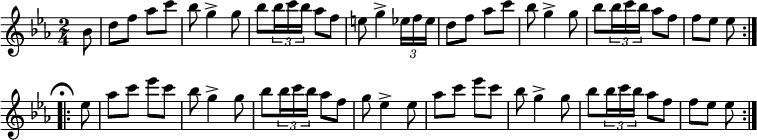 { \time 2/4 \key ees \major \partial 8 \relative b' { \repeat volta 2 { bes8 | d f aes c | bes g4-> g8 | bes8[ \times 2/3 { bes16 c bes] } aes8[ f] | e8 g4-> \times 2/3 { ees16 f ees } | d8 f aes c | bes g4-> g8 | bes8[ \times 2/3 { bes16 c bes] } aes8[ f] | f ees ees \mark \markup { \musicglyph #"scripts.ufermata" } } \repeat volta 2 { ees | aes c ees c | bes g4-> g8 | bes8[ \times 2/3 { bes16 c bes] } aes8[ f] | g ees4-> ees8 | aes c ees c | bes g4-> g8 | bes8[ \times 2/3 { bes16 c bes] } aes8[ f] | f ees ees } } }