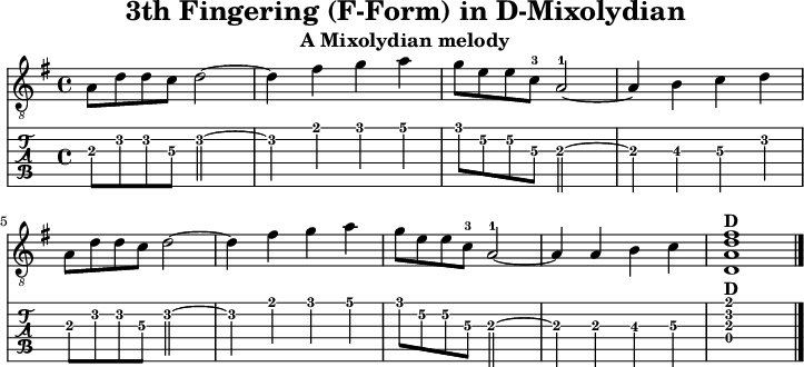 
\version "2.20.0"
\header {
  title="3th Fingering (F-Form) in D-Mixolydian"
  subtitle="A Mixolydian melody"
}
%% Diskant- bzw. Melodiesaiten
Diskant = \relative c' {
  \set TabStaff.minimumFret = #2
  \set TabStaff.restrainOpenStrings = ##t
  \key d \mixolydian
  
  a8 d d c d2~ | d4 fis g a |
  g8 e e c-3 a2~-1 | a4 b c d | \break
  a8 d d c d2~ | d4 fis g a |
  g8 e e c-3 a2~-1 | a4 a b c | 
 \set TabStaff.restrainOpenStrings = ##f
  < d, a' d fis>1^\markup { \bold {D} }

  \bar "|."
}

%% Layout- bzw. Bildausgabe
\score {
  <<
    \new Voice  { 
      \clef "treble_8" 
      \time 4/4  
      \tempo 4 = 120 
      \set Score.tempoHideNote = ##t
      \Diskant 
    }
    \new TabStaff { \tabFullNotation \Diskant }
  >>
  \layout {}
}

%% Midiausgabe mit Wiederholungen, ohne Akkorde
\score {
  <<
    \unfoldRepeats {
      \new Staff  <<
        \tempo 4 = 120
        \time 4/4
        \set Staff.midiInstrument = #"acoustic guitar (nylon)"
        \clef "G_8"
        \Diskant
      >>
    }
  >>
  \midi {}
}
%% unterdrückt im raw="!"-Modus das DinA4-Format.
\paper {
  indent=0\mm
  %% DinA4 = 210mm - 10mm Rand - 20mm Lochrand = 180mm
  line-width=180\mm
  oddFooterMarkup=##f
  oddHeaderMarkup=##f
  % bookTitleMarkup=##f
  scoreTitleMarkup=##f
}
