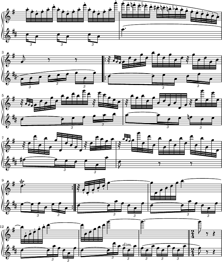 
\new GrandStaff <<
  \new Staff = "flute" \with {midiInstrument = "flute"} \relative c'' {
    \key g \major
    \time 3/8
    \override Staff.TimeSignature.color = #white
    \override Staff.TimeSignature.layer = #-1
    \override TupletBracket.bracket-visibility = ##f
    \omit TupletNumber
    \autoBeamOff
    \tuplet 3/2 8 {a'32[\staccato fis\staccato d\staccato fis\staccato a\staccato d]\staccato
                    a[\staccato fis\staccato d\staccato fis\staccato a\staccato fis']\staccato
                    a,[\staccato fis\staccato d\staccato fis\staccato a\staccato a']\staccato}
    \tuplet 3/2 8 {g([\staccato fis\staccato f\staccato e\staccato ees\staccato d]\staccato
                    cis[\staccato c\staccato b!\staccato bes\staccato a\staccato g]\staccato
                    fis[\staccato e\staccato d\staccato c\staccato b\staccato a)]\staccato}
    g8 r r
    \repeat volta 2 {
      \tuplet 3/2 8 {r32 \grace {a32[ g fis]} g[ d' b g' d] b'[ g d g b, d] r g[ b, d g, b]}
      \tuplet 3/2 8 {r \grace {a32[ g fis]} g[ d' b g' d] b'[ g d' b g' d] r e[ c g e c]}
      \tuplet 3/2 8 {r b'[ g b d, g] b,[ d g, b d, g] r e'[ g' e, e' e,]}
      \tuplet 3/2 8 {r d[ d' b, b' g,] g'[ d, d' b g d] r d'[ c' a fis a]}
      \tuplet 3/2 8 {r \grace {a32[ g fis]} g[ g' d, d' b,] b'[ g, g' b, b' d,] d'[ b, b' g, g' d,]}
      d'4.\trill
    }
    \tuplet 3/2 8 {r32 g,[\staccato d\staccato g\staccato b\staccato d\staccato]} g4~
    \tuplet 3/2 8 {g32[ d, g b d g]} b4~
    \tuplet 3/2 8 {b32[ g,\staccato b\staccato d\staccato g\staccato b\staccato]} d4~
    \tuplet 3/2 8 {d32[ b, d g b d]} g4~
    g4.~ \bar "||"
    \revert Staff.TimeSignature.color
    \revert Staff.TimeSignature.layer
    \time 2/4
    g8 r r4
  }
  \new Staff = "cor anglais" \with {midiInstrument = "english horn"} \relative c'' {
    \transposition f
    \key d \major
    \time 3/8
    \override Staff.TimeSignature.color = #white
    \override Staff.TimeSignature.layer = #-1
    \override TupletBracket.bracket-visibility = ##f
    \autoBeamOff
    \tuplet 3/2 8 {cis16[ a8] cis16[ a8] cis16[ a8]}
    a'4.(
    \tuplet 3/2 8 {a,16[ b cis] d[ e fis] g[ b, g')]}
    \repeat volta 2 {
      d8[~ \tuplet 3/2 8 {d16 e a,] d[ fis a,]}
      d8[~ \tuplet 3/2 8 {d16 e fis] g[ a b]}
      a8[~ \tuplet 3/2 8 {a16 d, e] f[ d e]}
      fis!8[~ \tuplet 3/2 8 {fis16 e d] e[ a, a']}
      d,8 r r
      e8[~ \tuplet 3/2 8 {e16 fis b,] e[ fis a,]}
    }
    d8[~ \tuplet 3/2 8 {d16 a' fis] d[ a fis']}
    d8[~ \tuplet 3/2 8 {d16 a' fis] d[ a fis']}
    d8[~ \tuplet 3/2 8 {d16 a' fis] d[ a fis']}
    d8[~ \tuplet 3/2 8 {d16 d' a] fis[^\markup {\italic "dim."} d a']}
    \tuplet 3/2 8 {fis([ d a'] fis[ d a'] fis[ d a']} \bar "||"
    \revert Staff.TimeSignature.color
    \revert Staff.TimeSignature.layer
    \time 2/4
    fis8) r r4
  }
>>
