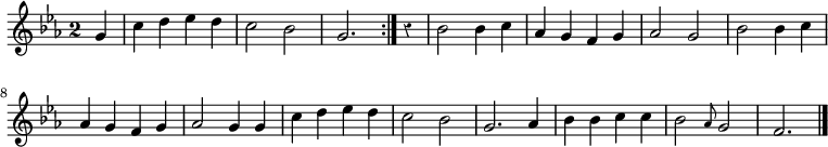 
\relative c'' {
  \key es \major
  \override Staff.TimeSignature #'style = #'single-digit
  \time 2/2
  \partial 4
  \override Rest #'style = #'classical
  \repeat volta 2 {
    g4
    c d es d
    c2 bes
    g2.
  }
  r4
  bes2 bes4 c
  as g f g
  as2 g
  bes bes4 c
  as g f g

  as2 g4 g
  c d es d
  c2 bes
  g2. as4
  bes bes c c
  bes2 \grace as8 g2
  f2.
  \bar "|."
}
