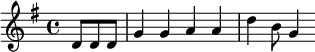 
\language "italiano"
melody=\relative do' {
  \time 4/4
  \key sol \major
  \partial 8*3 re8 re re | sol4 sol la la | re si8 sol4

}
\score {
  <<
    \new Staff = "staff" {
      \new Voice = "melody" {
        \melody
      }
    }
  >>
  \layout {
    \context { \Staff 
               \RemoveEmptyStaves 
             }
    indent = 0\cm
    \override Score.BarNumber #'stencil = ##f
    line-width = #120
  }
  \midi { }
}
\header { tagline = ##f}
