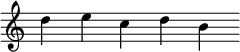 
\version "2.22.0"

\layout {
  indent = #0
  line-width = 6\cm
  ragged-right = ##f
  ragged-last = ##f
}
\header {
  tagline = ##f
}
\relative c'' {
\clef treble
\time 5/4
\omit Score.TimeSignature
\omit Score.BarLine
d4 e c d b
}
