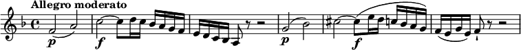 
\relative c'' {
    \version "2.18.2"
    \key f \major
    \tempo "Allegro moderato"
    \tempo 4 = 130
    \time 4/4
     f,2\p (a)
    c2\f ~ c8 d16 c bes a g f e d c bes a8 r r2
     g'2\p (bes)
    cis2 ~ cis8\f (e16 d c bes a g) 
    f (e g e) f8-! r r2
}
