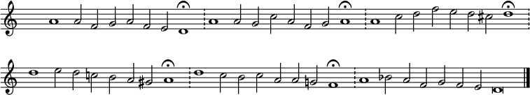 
{\ key c \ major \ time 64/2 \ set Score.tempoHideNote = ## t \ tempo 2 = 100 \ set Staff.midiInstrument = "english horn" \ override Score.TimeSignature # 'transparent = ## t \ override Score .BarNumber # 'transparent = ## t a'1 a'2 f' g 'a' f 'e' d'1 \ fermata \ bar "!"  a'1 a'2 g 'c' 'a' f 'g' a'1 \ fermata \ bar "!"  a 'c''2 d' 'f' 'e' 'd' 'cis'' d''1 \ fermata \ bar "!"  d '' e''2 d '' c '' b 'a' gis' a'1 \ fermata \ bar "!"  d '' c''2 b 'c' 'a' a 'g' f'1 \ fermata \ bar "!"  a 'bes'2 a' f 'g' f 'e' d '\ breve \ bar "|."}
