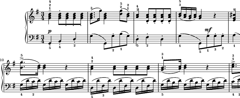 
\paper { #(set-paper-size "a2") oddHeaderMarkup = \evenHeaderMarkup }
\header { tagline = ##f }
\version "2.18.2"
\score {
\midi {  }
\layout { line-width = #380
indent = 2\cm}
\new PianoStaff <<
\new Staff = "up" { \clef "violin" \key g \major \time 3/4 \relative g' {
<g b d>4---1-2-4 <g b d>8-.[<g b d>_. <g b d>_. <g b d>_.] | <g b d>8.-3([g'16]) <g, b d>4 <d' g>8-2-5([<b d>-1-2]) | \stemUp <a c>4-2-4 <d, a' c>8-.[<d a' c>-. <d a' c>-. <d a' c>-.] | <b' d>16-3-5([<a c> <g b> <a c>]) <g b>4 r | <e g cis>-4 <e g cis>8[<e g cis> <e g cis> <e g cis>] | <fis d'>8.-1-3[<g e'>16-1-4] \stemNeutral <a fis'>4-1-5 r8 <a fis'>8-1-4 | 
<b g'>8.-2-5([<g e'>16-1-4]) <fis d'>4-2-5 <e g cis>-4 | <fis d'> r r \bar ":|.|:" <a d fis>-4 <a d fis>8[<a d fis> <a d fis> <a d fis>] | <b g'>8.^>-5([<b d>16]) <b d>4 r | <a c>-2-4 <a c>8[<a c> <a c> <a c>] | 
<g b>8.-1-3([<a c>16]) <b d>4 r | <c e>8.^>-1-3[fis16] <e g>8[<e g> <e g>-2-4 <e g>] | <d g>8.-1-3([<fis a>16]) <g b>4 r8 <d b'>-1-4 | <e c'>8.-2-5([<c a'>16-4]) <b g'>4-2-5 <a fis'>-1-4 | <b g'> r r \bar ":|."
} }
\new Staff = "down" { \clef "bass" \key g \major \time 3/4 \relative a, {
g4-._5^\p b-._4 \stemUp d-._2 | \stemNeutral g(g,8)[g'-._2 b_1(g)] | d4-._5 fis-._2 d-. | \stemDown g_1(g,8_5)[g'-._1^\mf g-._3 g-._2] | a4_1(a,8)^\<[a'-._1 a-._3 a-._2] \! | d4_1(d,8)^\<[d'-._1 d-._2 d-._1] | 
g,4_3^\> a_1\! \stemUp a,_5 | d-._1^\p a-._2 e-. \stemNeutral | d'16_5(^\f [d' c d]) d,([d' c d]) d,([d' c d]) | g,_4([d' c_2 d]) g,([d' c d]) g,([d' c d]) | d,_5([d' fis,_3  d']) d,([d' fis, d']) d,([d' fis, d']) | g,_5([d' b d]) g,([d' b d]) g,([d' b d]) | c_4([e_2 g_1 e]) c([e g e]) c([e g e]) | b_5([d_2 g_1 a,_4]) g_5([b_3 d b]) g_5([b_4 d_2 g_1]) | c,4-._3^\> d-._1\! d,-. | g-._1 d-._2 g,-. |
} }
>> }