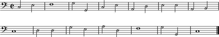 
\relative c {
  \clef bass
  \time 2/2
  \override Score.BarNumber #'stencil = ##f
  c2 e f1 g2 g, c e a, d e e a, b\break
  c1 d2 d g e a d, f1 g2 g, c1
  \bar "|."
}
