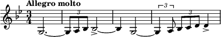  \relative g { \key g \minor \time 3/4 \tempo "Allegro molto" g2.\>~\f | \times 2/3 { g8 a bes } bes2->~ | bes4 g2~ | \times 2/3 { g4 a8 } \times 2/3 { bes c d } d4-> }