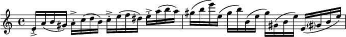 \relative c' { 
                e16-.->a(b gis)a-.->c(d b)c-.->e(f dis)e-.->a(b a)
                gis(b e)e,(gis b)b,(e gis)gis,(b e)e,(gis? b e)
        }