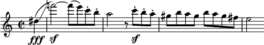  \relative c'' { \clef treble \key a \minor \time 2/2 \partial 4*1 dis\fff(\glissando | f'!2\sf)~ f8( e) c-. b-. | a2 r8 c\sf-. b-. a-. | gis b a gis b a gis fis | e2 } 