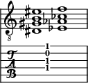  
<<
  %\override Score.BarLine.break-visibility = ##(#f #t #t)
  \time 2/1
    \new Staff  {
    \clef "treble_8"
        \once \override Staff.TimeSignature #'stencil = ##f
        <  dis gis b eis'>1 | <  ees aes ces' f'>1 |
    }

     \new TabStaff {
       \override Stem #'transparent = ##t
       \override Beam #'transparent = ##t 
      s2 <  dis\4 gis\3 b\2 f'\1>1 s2
  }
>>
