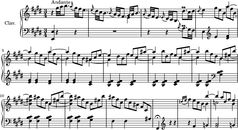 
\version "2.18.2"
\header {
 tagline = ##f
 % composer = "Domenico Scarlatti"
 % opus = "K. 215"
 % meter = "Andante"
}

%% les petites notes
trillDisqpUp = { \tag #'print { dis'8.\prall } \tag #'midi { e32 dis e dis e dis e dis } }
trillAqpAppoUp = { \tag #'print { \acciaccatura b''8 a8.\prall } \tag #'midi { b32 a b a b a b a } }
appoE = { \tag #'print { \appoggiatura dis8 e4 } \tag #'midi { dis8 \tempo 4 = 40 e8 \tempo 4 = 78 } }

upper = \relative c'' {
 \clef treble 
 \key e \major
 \time 3/4
 \tempo 4 = 78
 \set Staff.midiInstrument = #"harpsichord"
 \override TupletBracket.bracket-visibility = ##f

 s8*0^\markup{Andante}
 r4 gis'32 a b8. \appoggiatura a16 gis32 fis e8. | \appoggiatura e16 dis32 cis b8. \appoggiatura b16 a32 gis fis8. << { gis32 a b8. } \\ { e,4 } >> | \appoggiatura a16 gis32 fis e8. \appoggiatura e16 dis32 cis b8. \trillDisqpUp cis32 dis |
 % ms. 4
 \appoE \repeat unfold 2 { \omit TupletNumber \times 2/3 { gis8 e b } << { a'4~ | a } \\ { \omit TupletNumber \times 2/3 { a8 fis b,~ } | b4 } >> } \omit TupletNumber \times 2/3 { gis'8 e b } << { \omit TupletNumber \times 2/3 { ais8 cis e~ } | e4 } \\ { ais,4~ | ais } >> \times 2/3 { dis8 b fis' } 
 % ms. 7 fin à 9
 << { \omit TupletNumber \times 2/3 { e8 cis ais'~ } | ais4 s4 \times 2/3 { e8 cis ais'~ } | ais4 s4 } 
 \\ { \omit TupletNumber \times 2/3 { s8 cis,4~ } | cis \times 2/3 { b'8 dis, fis } \times 2/3 { s8 cis4~ } | cis \times 2/3 { b'8 fis dis } 
 } >>
 % ms. 9 fin — \set tieWaitForNote = ##t 
 \repeat unfold 2 { << { \set tieWaitForNote = ##t b8*2/3_~ eis_~ b'~ \stemDown < b, eis b' >4 } 
 \\ { b4*2/6 eis s s4 } >> \times 2/3 { ais8 fis cis } } %repet Merci à Pierre pour l'astuce.
 % ms. 10 suite
 \omit TupletNumber 
 \times 2/3 { b eis b' } |
 % ms. 12
 \omit TupletNumber \times 2/3 { ais8 fis cis } \times 2/3 { fis8 cis ais } \times 2/3 { fis8 cis \change Staff = "lower" ais } s2. \change Staff = "upper" 
 % ms. 14
 \grace { \tempo 4 = 60 d'16( e } \tempo 4 = 78 fis4) << { s4 b4~ | b \omit TupletNumber \times 2/3 { a8 dis, fis } e4 } \\ { \omit TupletNumber \times 2/3 { e8 cis b~ } b4 | c2 b4 } >>

}
 
lower = \relative c' {
 \clef bass
 \key e \major
 \time 3/4
 \set Staff.midiInstrument = #"harpsichord"
 \override TupletBracket.bracket-visibility = ##f

 % ************************************** \appoggiatura \repeat unfold 2 { } \times 2/3 { }
 < e,, e' >4 r4 r4 | R2. | r4 r4 \trillAqpAppoUp gis32 fis |
 % ms. 4
 e4 \clef treble e' < dis fis >4 | < e gis > q < dis fis > | < e gis > q < cis e > | \repeat unfold 2 { < b e fis > q < cis e fis > }
 % ms. 9
 < b e fis > q \clef bass < gis b cis >4 \repeat unfold 2 { < fis b cis >4 q < gis b cis > }
 % ms. 12
 fis4 fis s4 | fis,4\fermata \clef treble r4 r4 | r4 fis''4 g | < fis a >2 g4 
 % ms. 16
 

}

thePianoStaff = \new PianoStaff <<
 \set PianoStaff.instrumentName = #"Clav."
 \new Staff = "upper" \upper
 \new Staff = "lower" \lower
 >>

\score {
 \keepWithTag #'print \thePianoStaff
 \layout {
 #(layout-set-staff-size 17)
 \context {
 \Score
 \override SpacingSpanner.common-shortest-duration = #(ly:make-moment 1/2)
 \remove "Metronome_mark_engraver"
 }
 }
}

\score {
 \keepWithTag #'midi \thePianoStaff
 \midi { }
}
