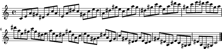 
{

\modalTranspose c c' { c dis e gis a } { c8 e a gis } 
\modalTranspose c dis' { c dis e gis a } { c e a gis } 
\modalTranspose c e' { c dis e gis a } { c e a gis } 
\modalTranspose c gis' { c dis e gis a } { c e a gis } 
\modalTranspose c a' { c dis e gis a } { c e a gis } 
\modalTranspose c c'' { c dis e gis a } { c e a gis } 
\modalTranspose c dis'' { c dis e gis a } { c e a gis } 
\modalTranspose c e'' { c dis e gis a } { c e a gis } 
\modalTranspose c gis'' { c dis e gis a } { c e a gis } 

\modalInversion c e''' { c dis e gis a } { c e a gis } 
\modalInversion c dis''' { c dis e gis a } { c e a gis } 
\modalInversion c c''' { c dis e gis a } { c e a gis } 
\modalInversion c a'' { c dis e gis a } { c e a gis } 
\modalInversion c gis'' { c dis e gis a } { c e a gis } 
\modalInversion c e'' { c dis e gis a } { c e a gis } 
\modalInversion c dis'' { c dis e gis a } { c e a gis } 
\modalInversion c c'' { c dis e gis a } { c e a gis } 
\modalInversion c a' { c dis e gis a } { c e a gis } 
\modalInversion c gis' { c dis e gis a } { c e a gis } 
\modalInversion c e' { c dis e gis a } { c e a gis } 
\modalInversion c dis' { c dis e gis a } { c e a gis } 

c'2

\bar "|."
}
